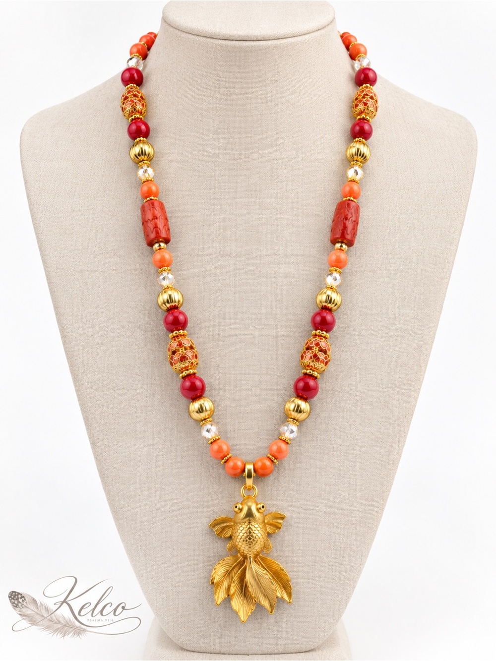 Gold Fish Pendant Necklace with Red and Orange Beads